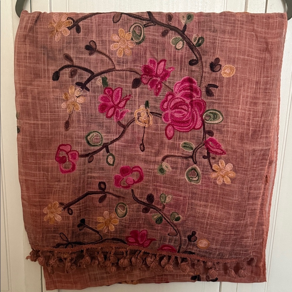 Embroidered Floral Scarf in Dusty Rose with Pink Accents